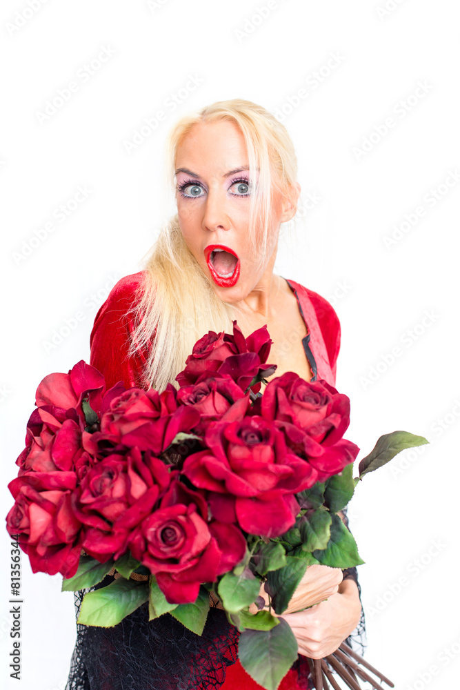 Blonde Frau mit Rosenstrauß Blonde Frau mit Rosenstrauß