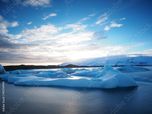 long exposure Icebergs on the lake at glacier lagoon at Jokulsar