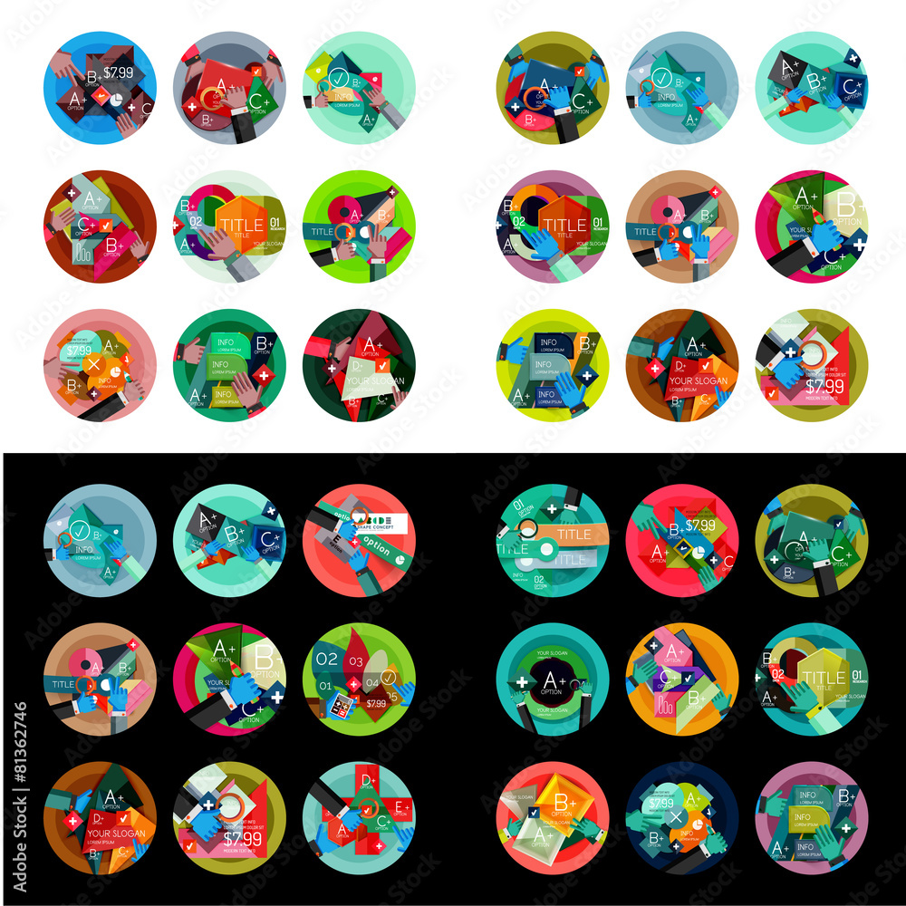 Flat design round labels, option infographics Flat design round labels, option infographics