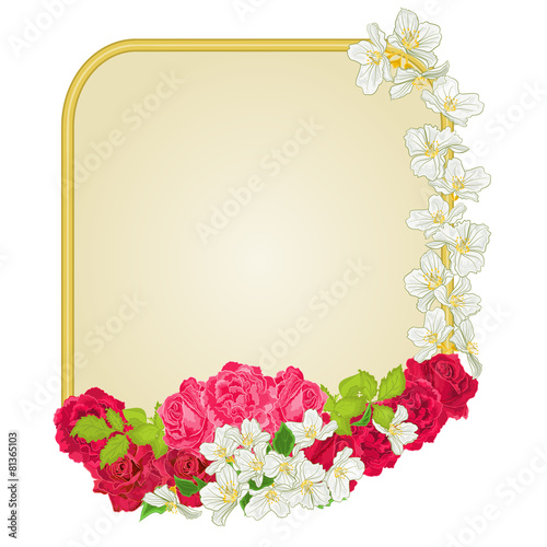 Golden frame with  roses and jasmine vector