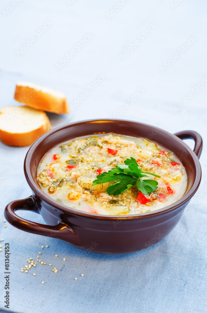 milk soup with potatoes, quinoa and peppers