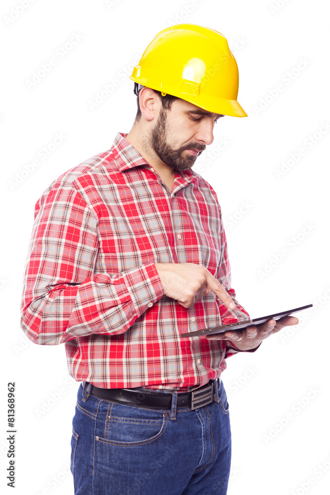 Architect holding a tablet computer, isolated on white backgroun Architect holding a tablet computer, isolated on white backgroun