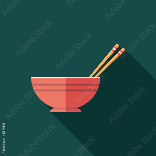 Bowl and chopsticks flat square icon with long shadows.