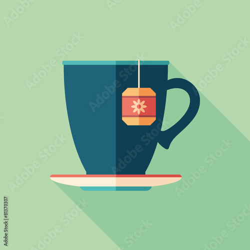 Cup of herbal tea flat square icon with long shadows.