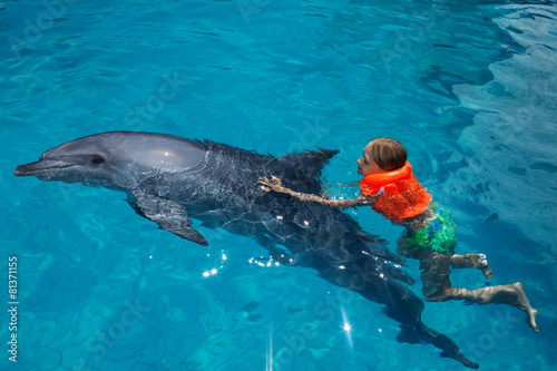 Little Girl and the Dolphin in Swimming Pool