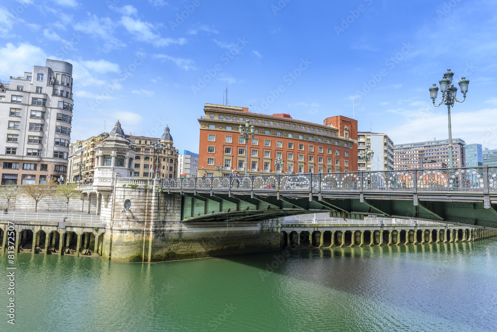 View of Nervion river and City Hall bridge in Bilbao, Spain