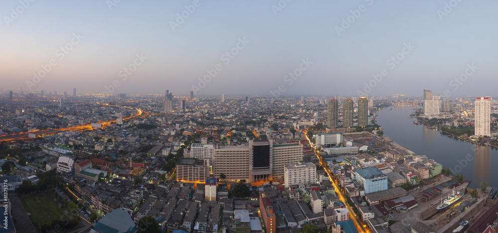 Fototapeta premium top view from high building roof morning light of bangkok capita
