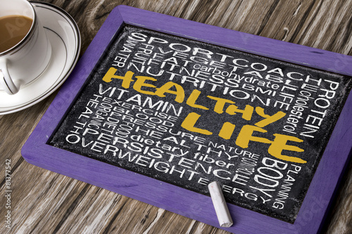 healthy life word cloud handwritten on blackboard