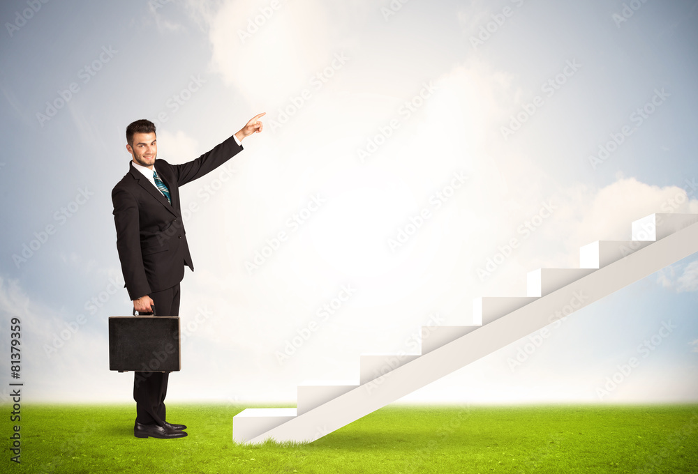Business person climbing up on white staircase in nature Business person climbing up on white staircase in nature