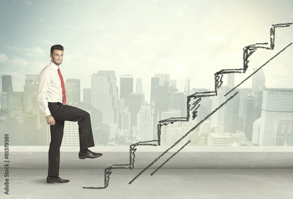 Business man climbing up on hand drawn staircase concept Business man climbing up on hand drawn staircase concept