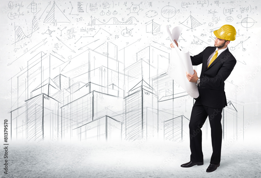 Handsome construction specialist with city drawing in background Handsome construction specialist with city drawing in background
