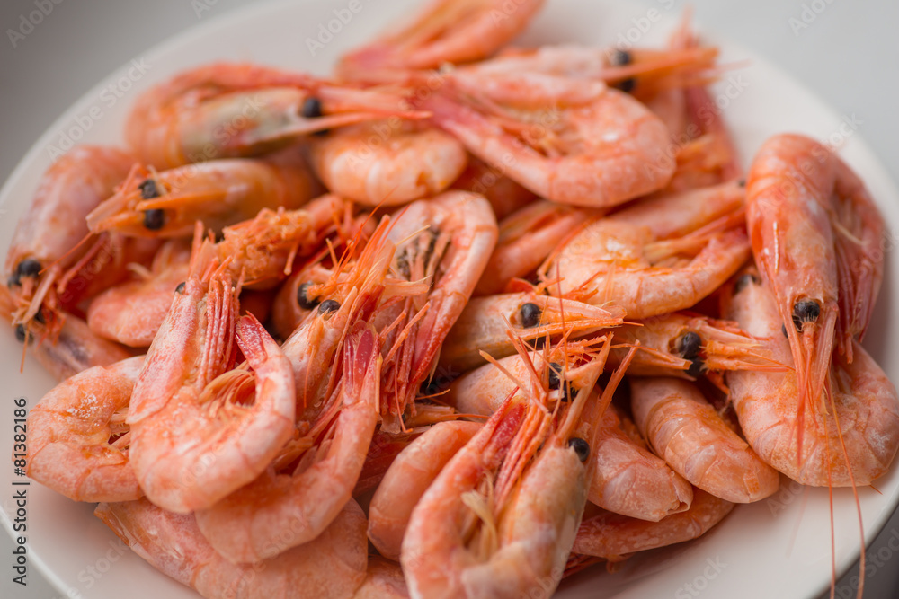 Cooked shrimps on white plate. Shallow depth of field.