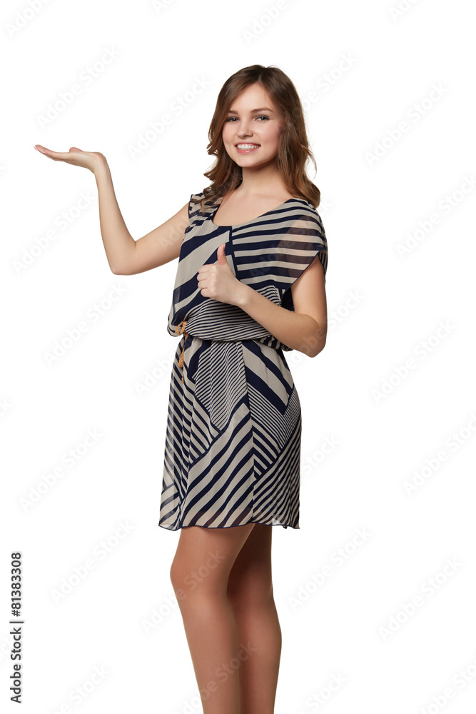 Smiling woman showing open hand palm with copy space and giving Smiling woman showing open hand palm with copy space and giving