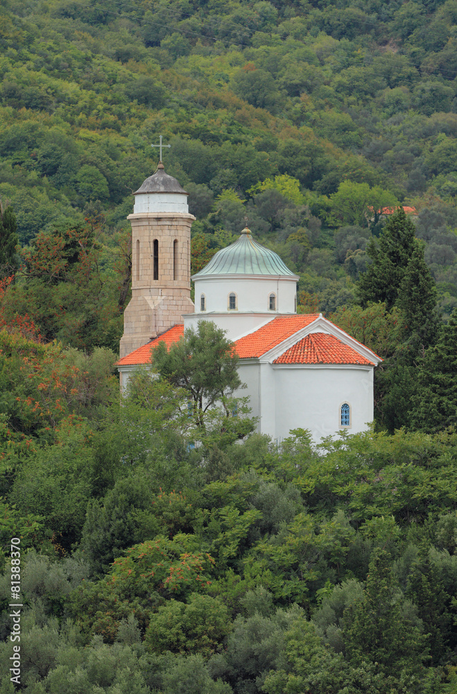 Obraz premium Church on hillside. Kotor gulf, Montenegro