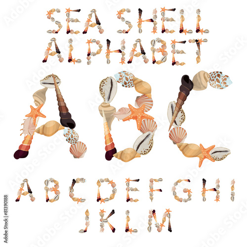 Alphabet made of different sea shells