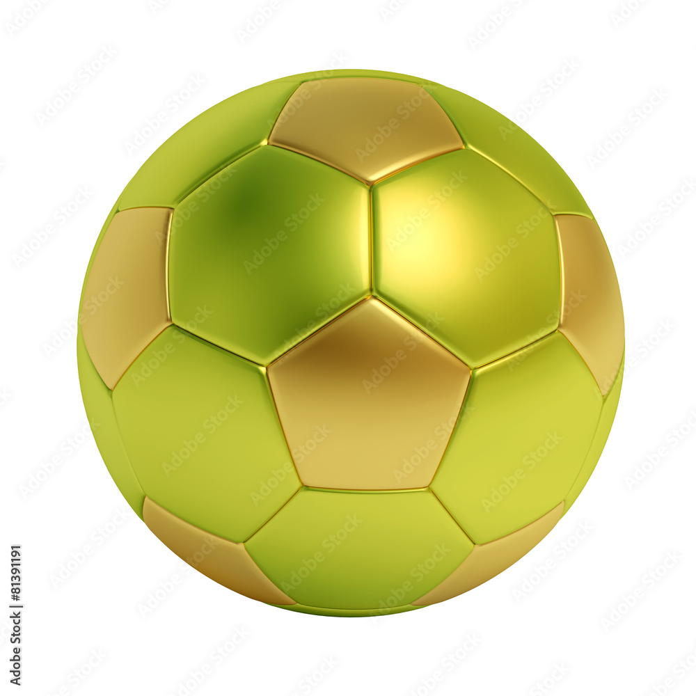 Golden and green soccer ball isolated on white background