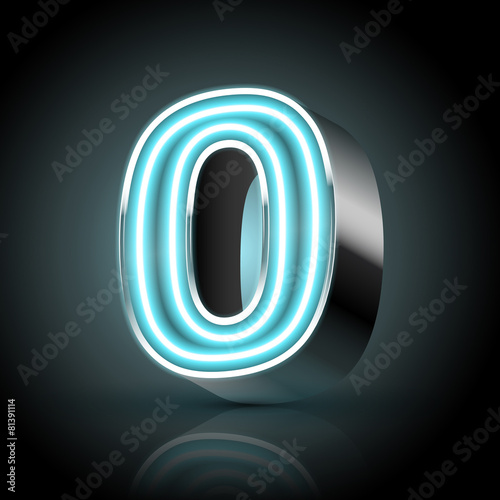 3d blue neon light number 0