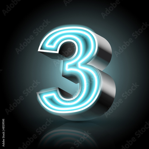 3d blue neon light number 3