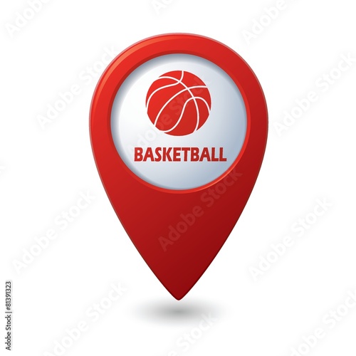 Red map pointer with basketball ball sign icon.