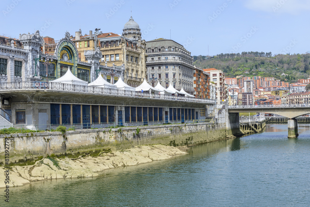 Nervion river and Abando railway station, Bilbao (Spain)