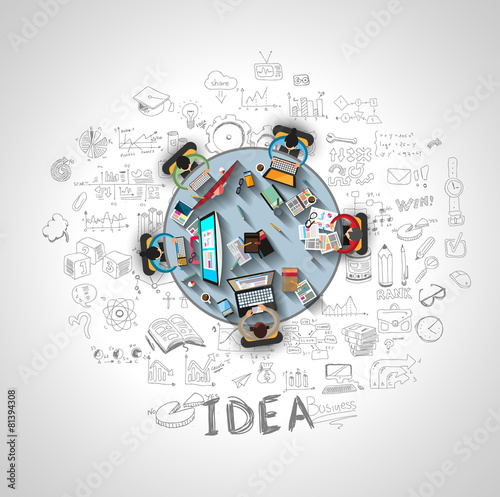 Infographics Teamwork with Business doodles Sketch background