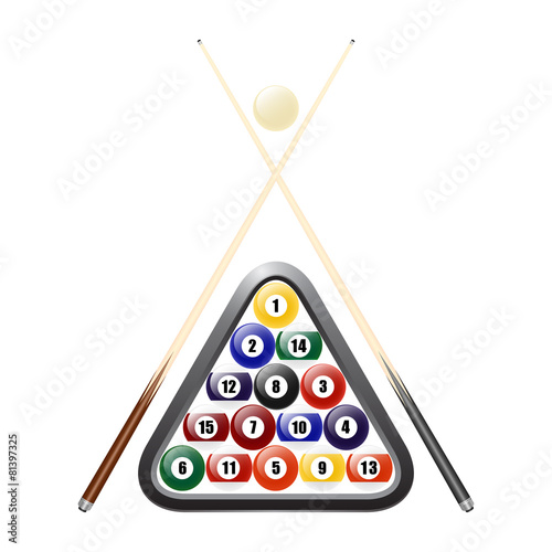 Billiards balls, triangle and two cues