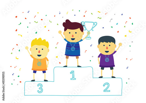 Winner kids holding up winning trophy.