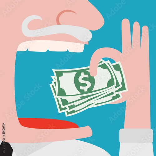 Greedy businessman eating green cash dollars