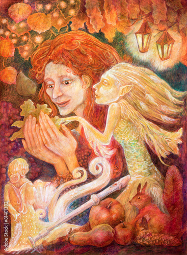Beautiful fantasy drawing of a autumn woman with red hair headin