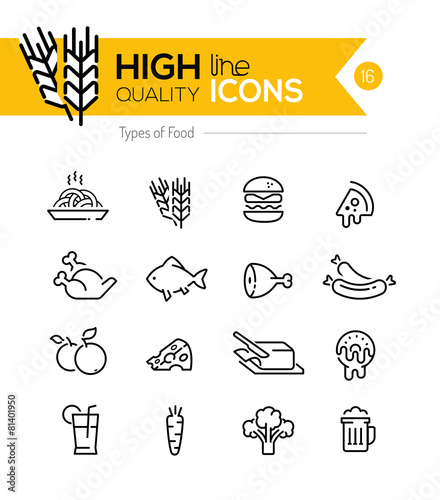 Types of Food line Icons including: meat, grain, dairy etc..
