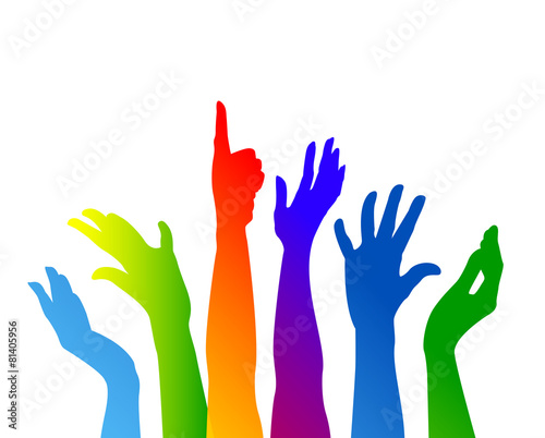 comunità, colori, mani, braccia, colorate