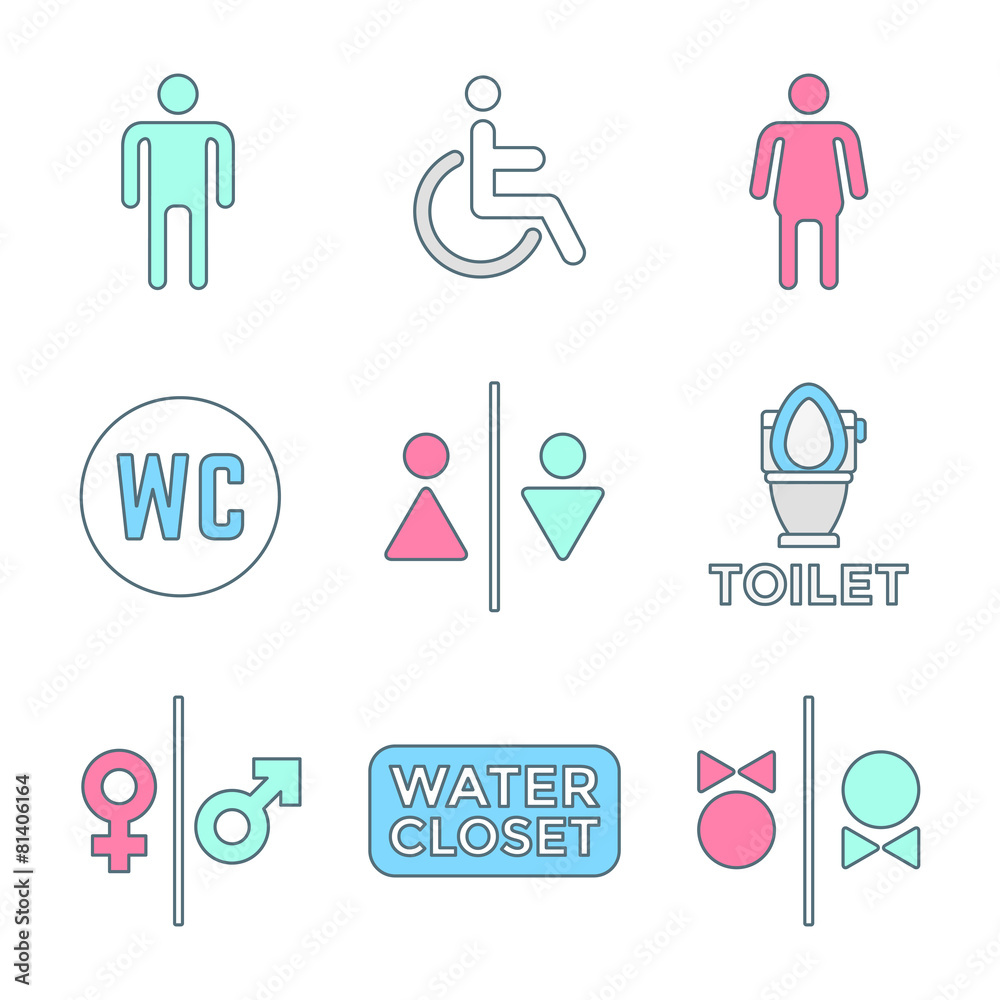 various colored outline water closet signs toilet restroom icons