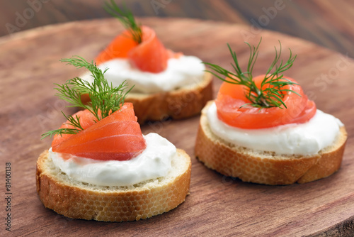Bread with salmon, close up view