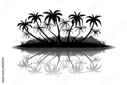 Tropical island with palm trees silhouette on white background