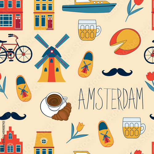 Colorful Amsterdam icons seamless pattern