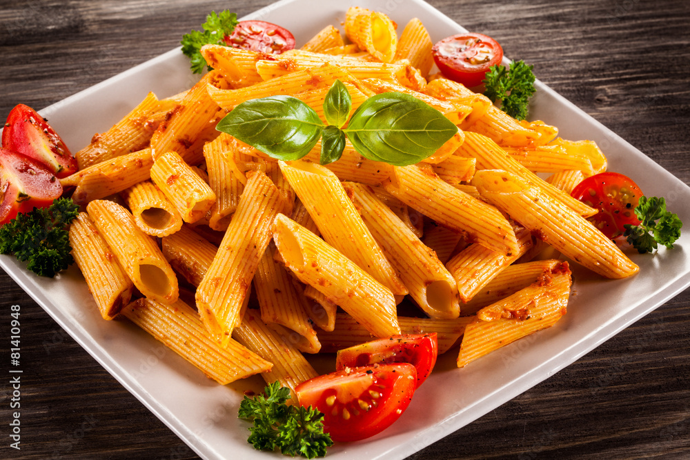 Pasta with meat, tomato sauce and vegetables Pasta with meat, tomato sauce and vegetables
