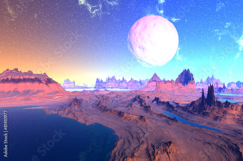 3D rendered fantasy alien planet. Rocks and  moon