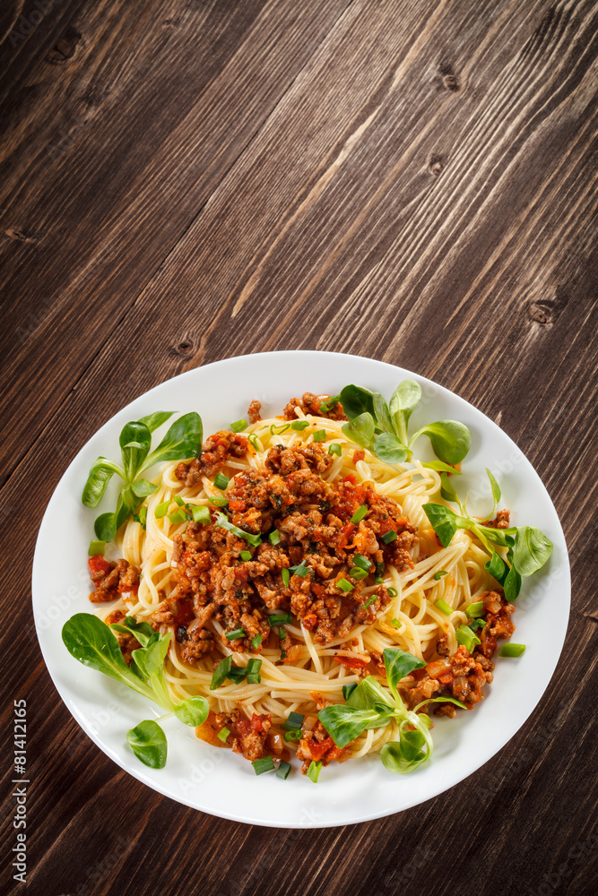 Pasta with meat, tomato sauce and vegetables Pasta with meat, tomato sauce and vegetables