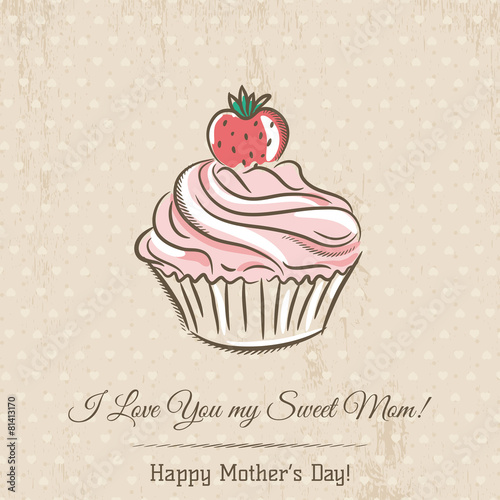 Mother s Day card with  cupcake and wishes text   vector