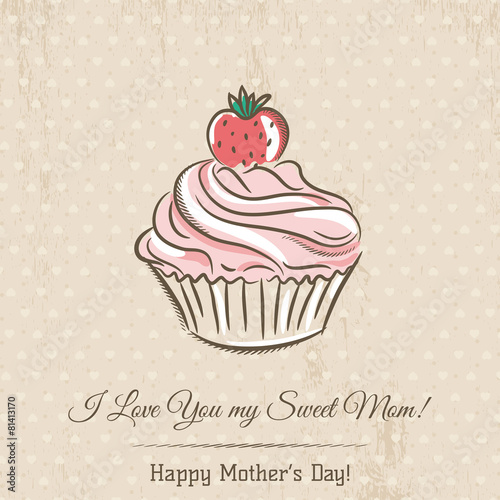 Mother's Day card with  cupcake and wishes text,  vector