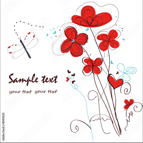 Abstract red floral doodle greeting card