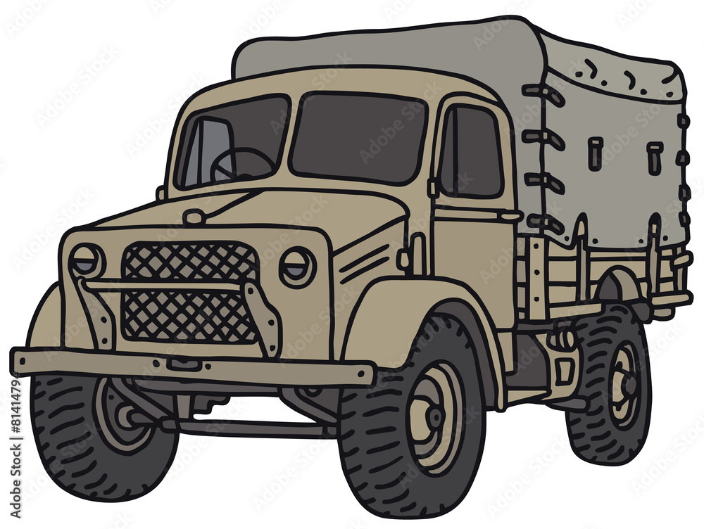 Old military truck, vector illustration, hand drawing