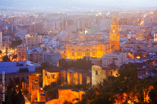 Cathedral and cityspace from castle in night. Malaga