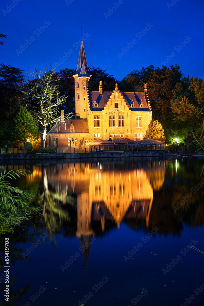 The Minnewater at twilight. Fairytale scenery in Bruges, Belgium