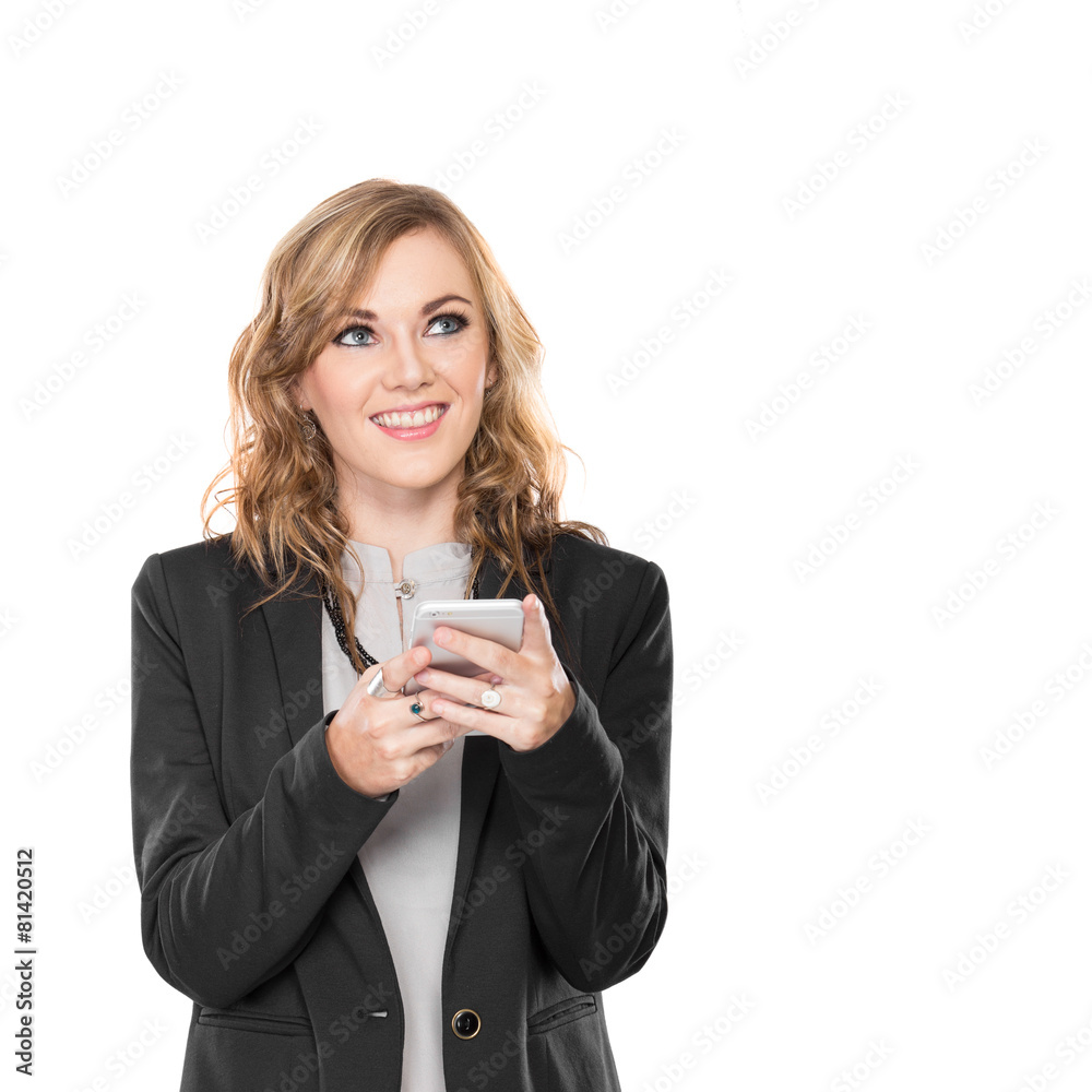 Business woman use communicator, write send message and smiling, Business woman use communicator, write send message and smiling,