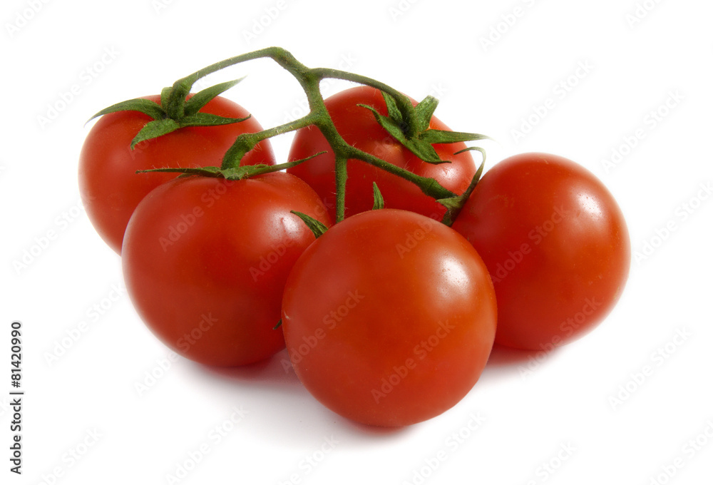 Cherry tomatoes with a stalk on a white background. Cherry tomatoes with a stalk on a white background.