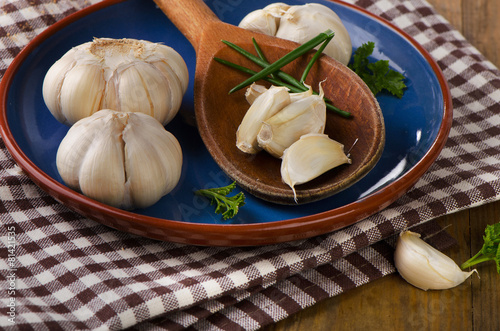 Fresh Organic garlic  on  a plate.