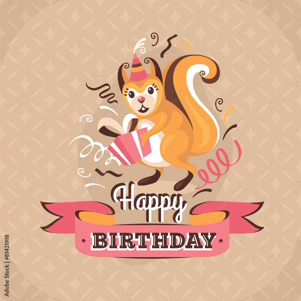 Vintage birthday greeting card with a squirrel vector illustrati