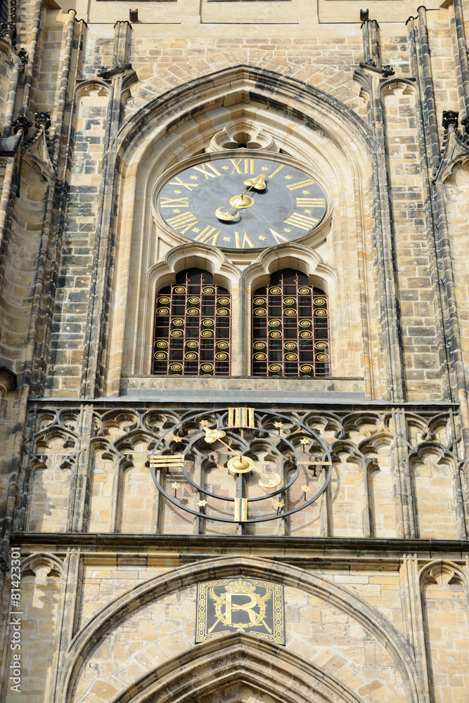 Tower clock of St. Vitus Cathedral in Prague, Czech Republic.