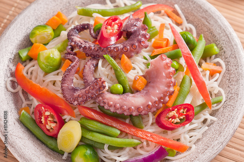 Chinese mix vegetables with pasta and octopus.